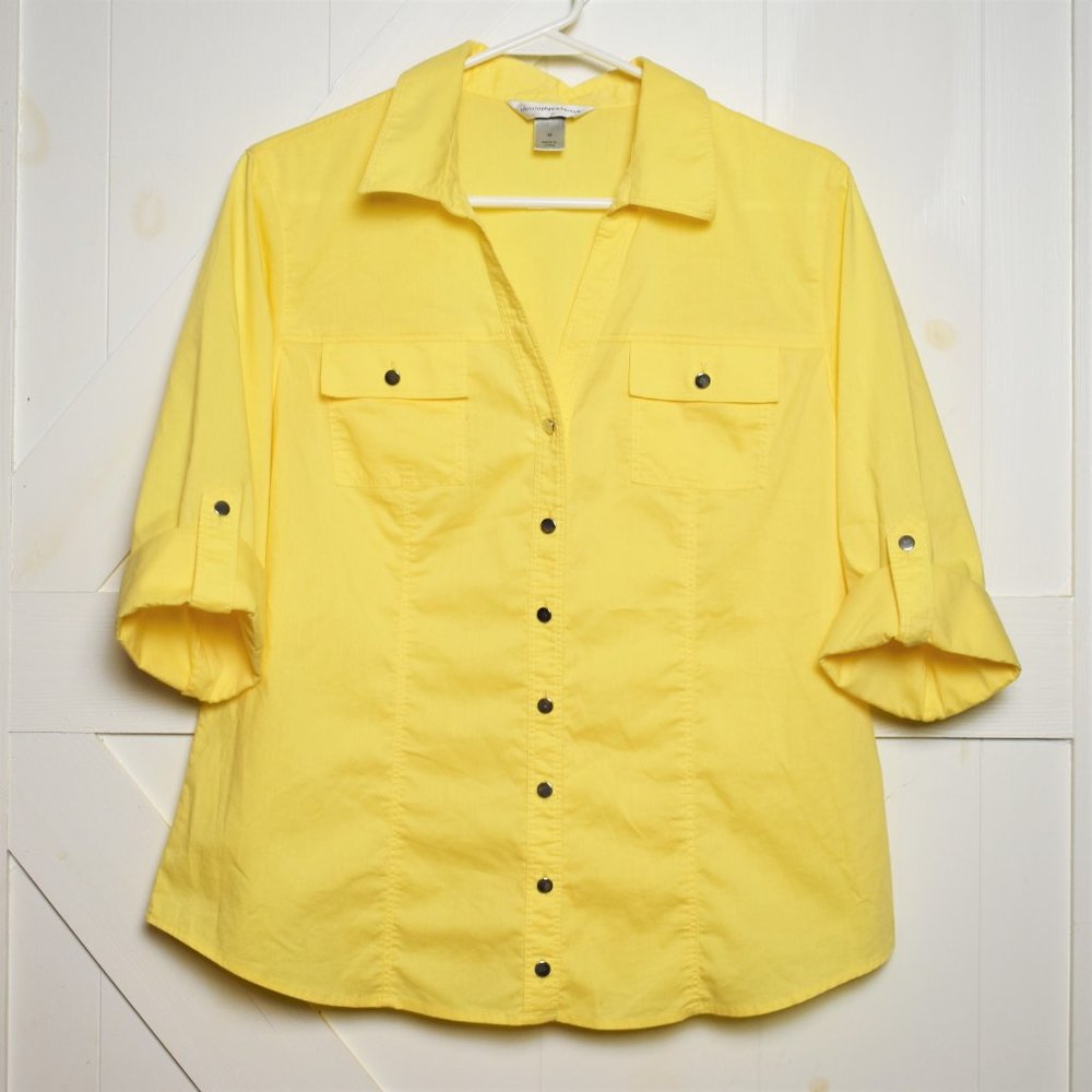 Christopher & Banks button up blouse top 1/2 sleeve collar shirt yellow size M